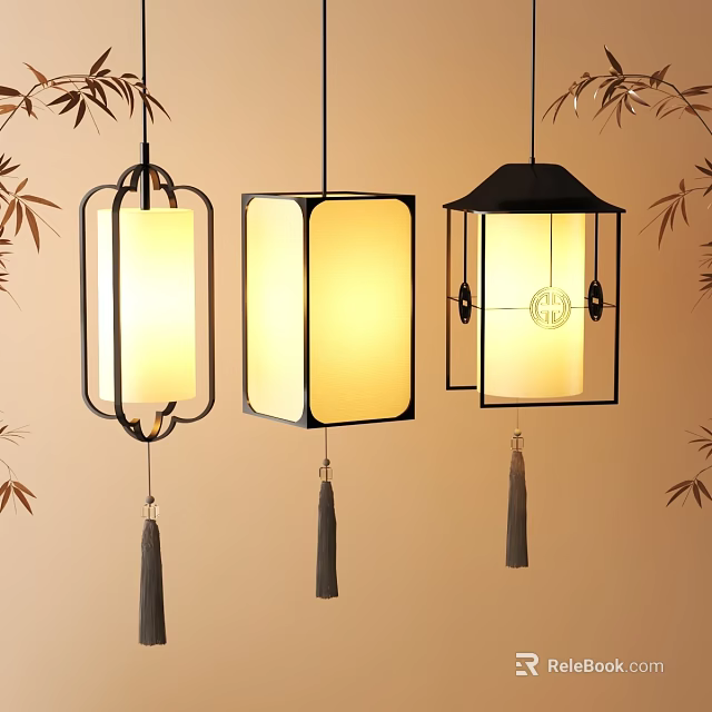 Chinese Style Pendant Lamps With Black Frame Square Shade And Tassel Decoration 3d model 