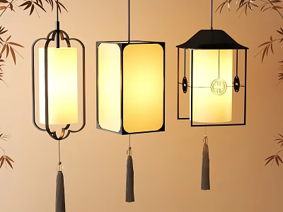 Chinese Style Pendant Lamps With Black Frame Square Shade And Tassel Decoration 3d model