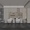 Modern Restaurant Open Kitchen Design With Dining Table Island And Hanging Lights 3d model