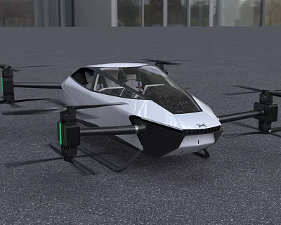 White Flying Car with Black Rotors and Modern Futuristic Design for Urban Mobility 3d model