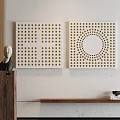 Abstract Paintings On White Wall With Geometric Perforated Patterns And Wooden Shelf Sculpture Decor