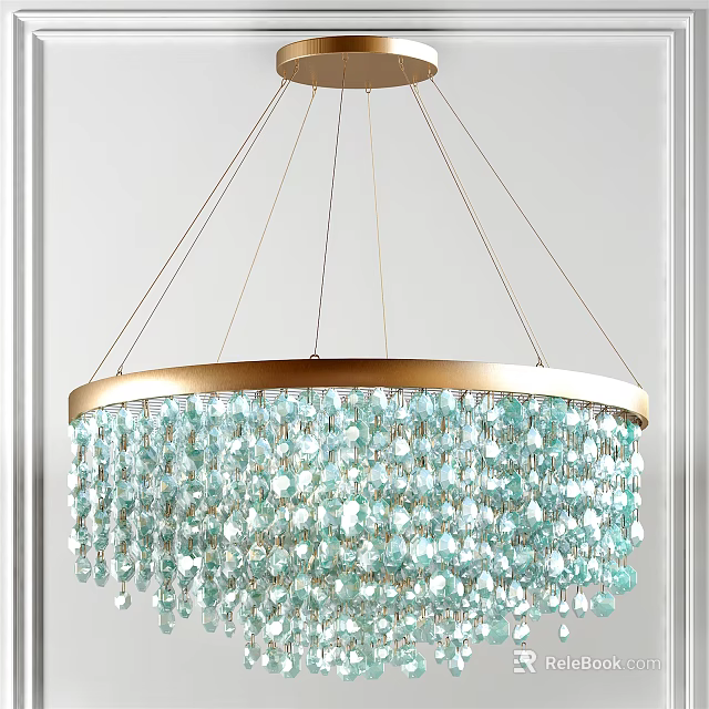 Elegant Gold Frame Crystal Chandelier Featuring Light Blue Hanging Crystals for Interior Decor 3d model 