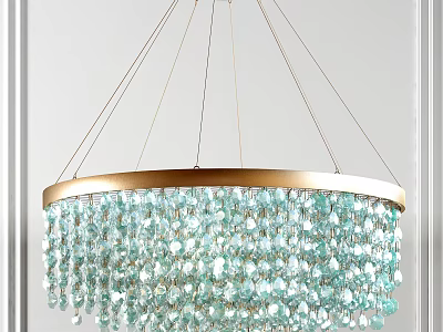 Elegant Gold Frame Crystal Chandelier Featuring Light Blue Hanging Crystals for Interior Decor 3d model
