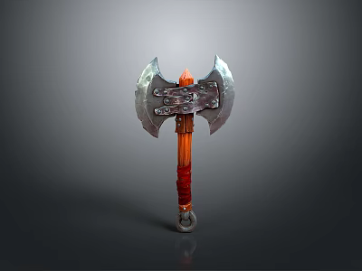 Medieval Double Bladed Battle Axe with Rustic Metal Blades Orange Handle and Red Wrapped Grip 3d model