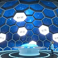 Futuristic Interactive Installation with Hexagonal Blue Starry Sky Central Globe and Person Interaction 3d model