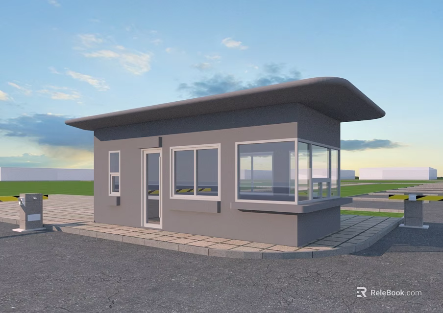 Modern Gray Entrance Gate Building With Glass Windows And Outdoor Paved Ground 3d model 