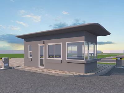 Modern Gray Entrance Gate Building With Glass Windows And Outdoor Paved Ground 3d model