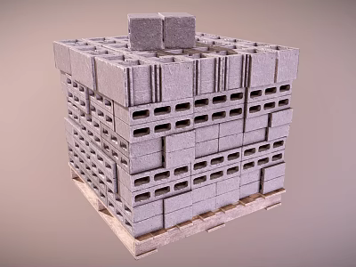 Neatly Stacked Gray Concrete Blocks Placed On Wooden Pallet For Building Use 3d model