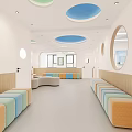 Modern Kindergarten Reception Area Featuring Circular Ceiling Logo Wooden Panels White Desk And Green Plant