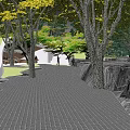 Garden Landscape With Brick Path Green Yellow Trees And White Golf Cart