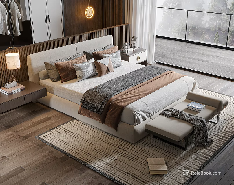 Modern Double Bed with Pillows Blanket Nightstand Table Lamp and Window View Rug 3d model 
