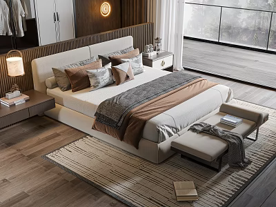 Modern Double Bed with Pillows Blanket Nightstand Table Lamp and Window View Rug 3d model