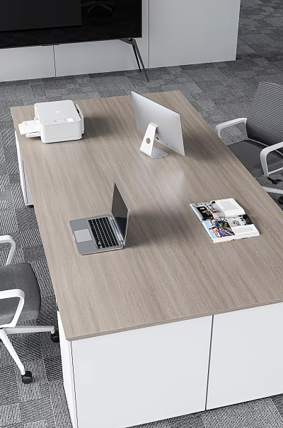 Modern Wooden Office Desk With Laptop Monitor Printer And Magazine 3d model