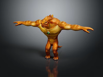 Orange Muscular Game Movie Character With Green Chest Gem And Outstretched Arms 3d model