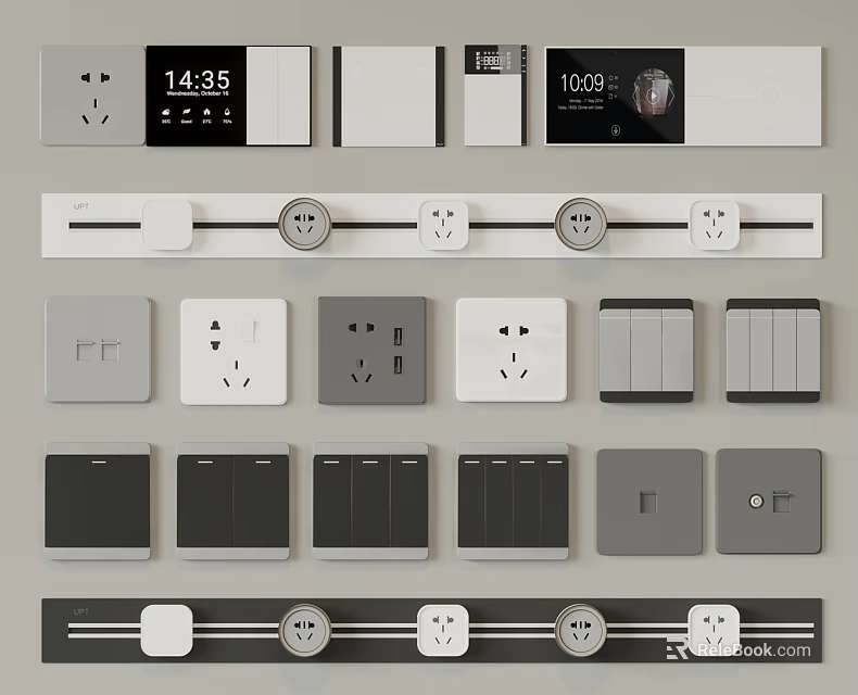 Modern Switch Panels With Digital Time Display And Various Design Styles In Gray White 3d model 