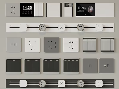 Modern Switch Panels With Digital Time Display And Various Design Styles In Gray White 3d model
