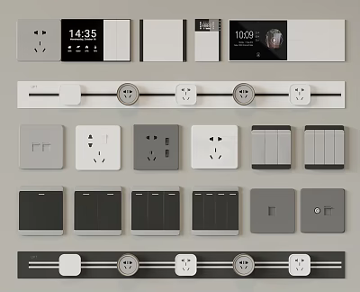 Modern Switch Panels With Digital Time Display And Various Design Styles In Gray White 3d model