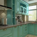 Light Green Kitchen Cabinets With Glass Doors And Decorative Countertop Interior