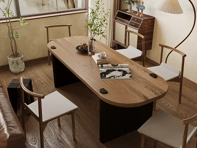 Wooden Dining Table Set With White Chairs Green Plant And Magazine On Wooden Floor 3d model