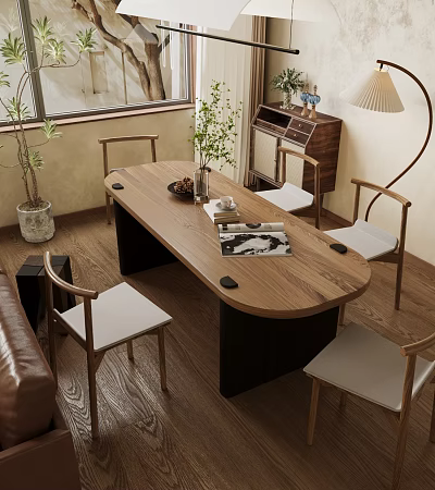 Wooden Dining Table Set With White Chairs Green Plant And Magazine On Wooden Floor 3d model