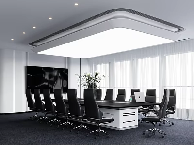 Modern Conference Room With Large Rectangular Table Black Ergonomic Chairs And Floor To Ceiling Windows 3d model