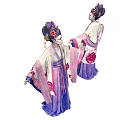 Woman In Traditional Purple Pink Costume With Floral Patterns And Classical Hair Bun