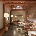 Traditional Teahouse Interior Design With Wooden Roof Beams White Lanterns Bamboo Screens And Stone Flooring