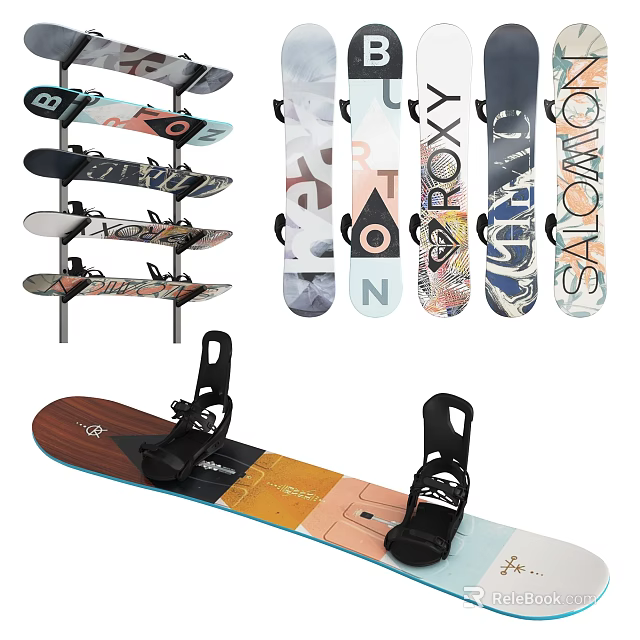 Variety Of Snowboards On Display Rack And Snowboard With Bindings 3d model 