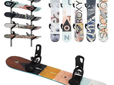 Variety Of Snowboards On Display Rack And Snowboard With Bindings 3d model