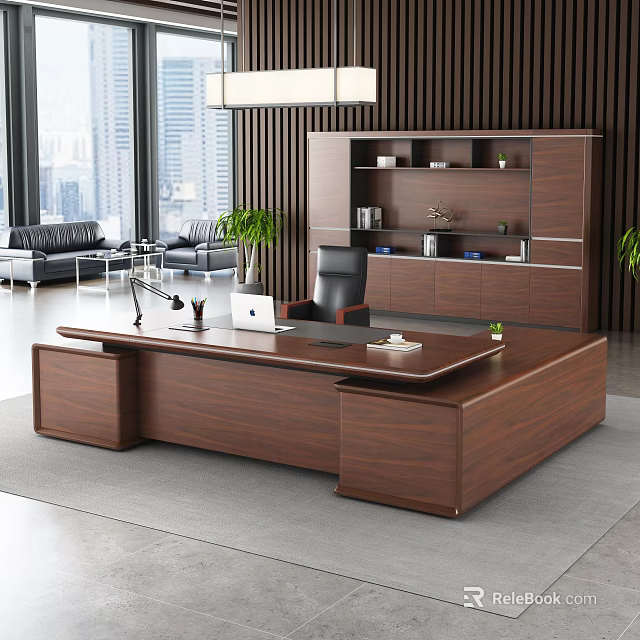 Modern Office Interior With Executive Wooden Desk Bookshelf Leather Sofa And Green Plants 3d model 