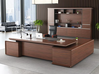 Modern Office Interior With Executive Wooden Desk Bookshelf Leather Sofa And Green Plants 3d model