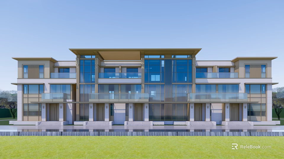 Modern Townhouse Exterior With Large Glass Windows Balconies And Green Lawn 3d model 