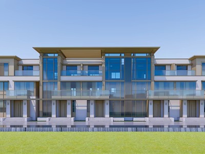 Modern Townhouse Exterior With Large Glass Windows Balconies And Green Lawn 3d model