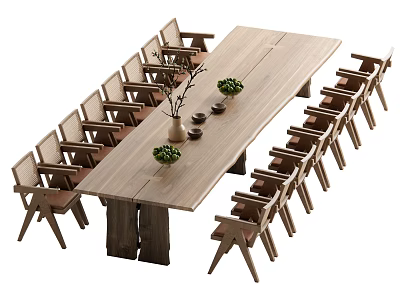 Solid Wood Long Dining Table Set With Matching Chairs And Decorative Vases Green Plants 3d model