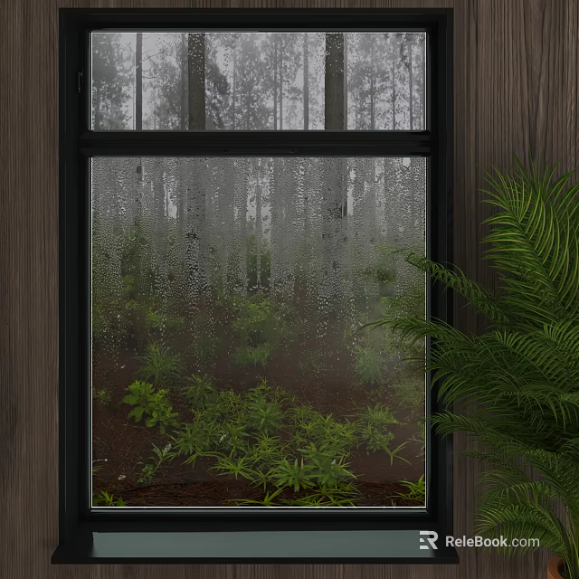 Raindrops On Glass Casement Window With Green Plants Trees And Fern Plant 3d model 