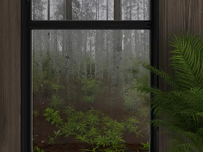 Raindrops On Glass Casement Window With Green Plants Trees And Fern Plant 3d model
