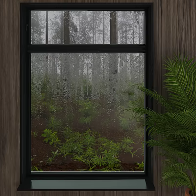 Raindrops On Glass Casement Window With Green Plants Trees And Fern Plant 3d model