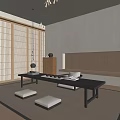 Traditional Japanese Tea Room Interior With Wooden Screens Low Table And Floor Cushions