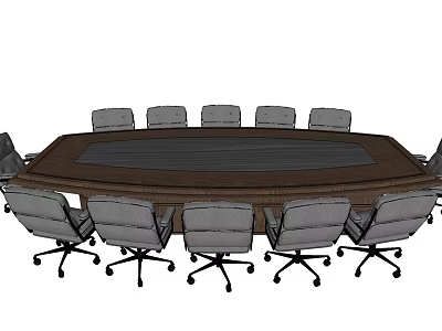 Oval Wooden Conference Table with Gray Office Chairs on Wheels in Meeting Room 3d model