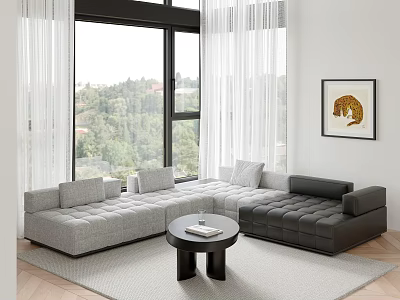 Stylish Sectional Sofa with Gray Dark Gray Cushions Round Coffee Table and Large Window View 3d model