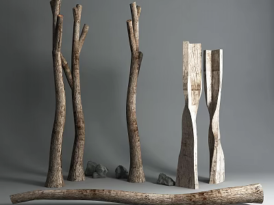 Natural Wood And Stone Decorative Pieces With Tree Trunks And Carved Blocks 3d model