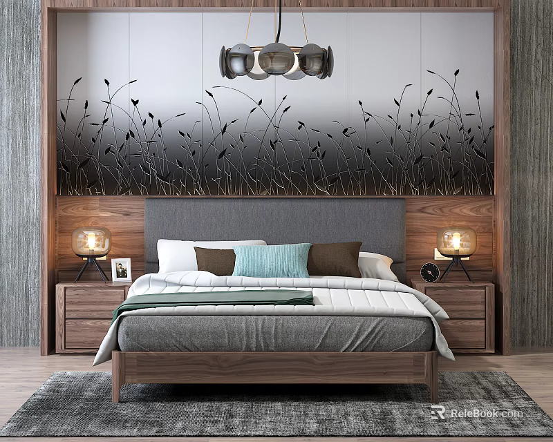 Modern Bedroom with Double Bed Floral Pattern Backdrop Wooden Frame Bedside Tables and Table Lamps 3d model 