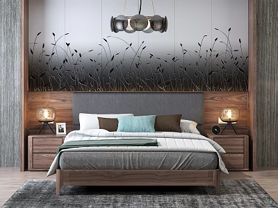 Modern Bedroom with Double Bed Floral Pattern Backdrop Wooden Frame Bedside Tables and Table Lamps 3d model