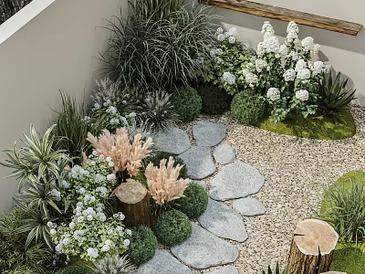 Serene Courtyard Garden With Stone Path Various Plants White Flowers And Gravel 3d model