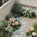Serene Courtyard Garden With Stone Path Various Plants White Flowers And Gravel