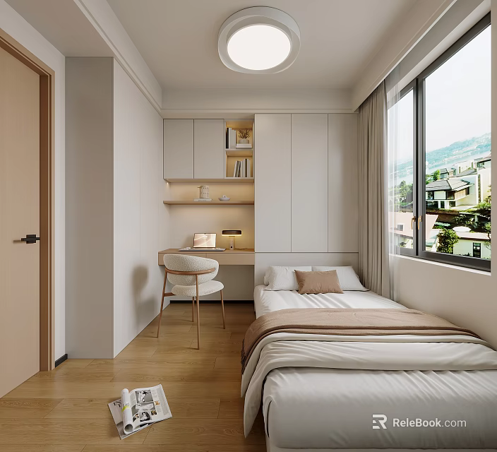Modern Tatami Bedroom With Desk Chair Large Window Cabinets And Wooden Floor 3d model 