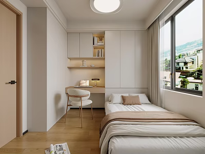 Modern Tatami Bedroom With Desk Chair Large Window Cabinets And Wooden Floor 3d model