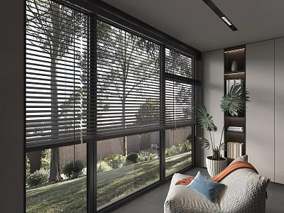 Large Floor to Ceiling Windows With Blinds Overlooking Green Trees And Garden In Cozy Room 3d model