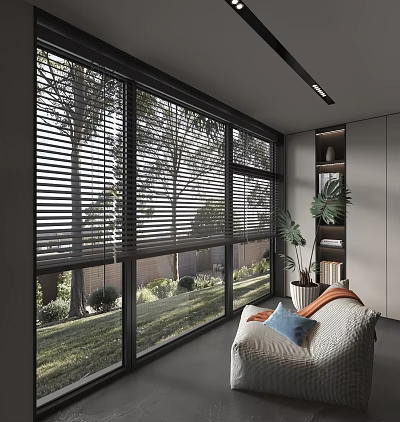 Large Floor to Ceiling Windows With Blinds Overlooking Green Trees And Garden In Cozy Room 3d model