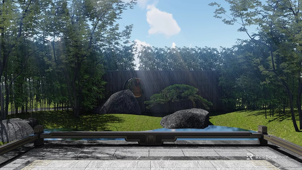 Natural Scenic Feature Wall Surrounded By Lush Trees Stones And Small Pond 3d model 